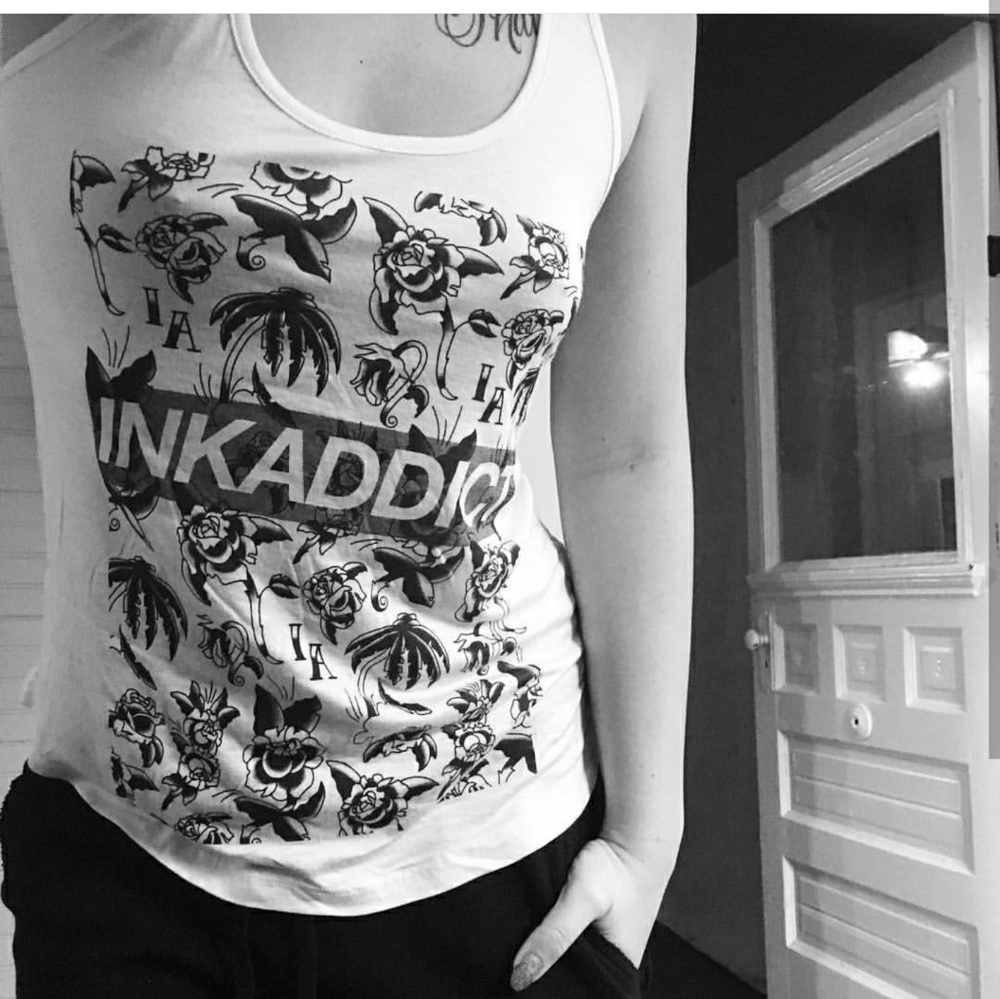 USA MADE Ink Addict • Rare HTF Stretchy Comfy Tattoo Flash Racerback Tank Top XS